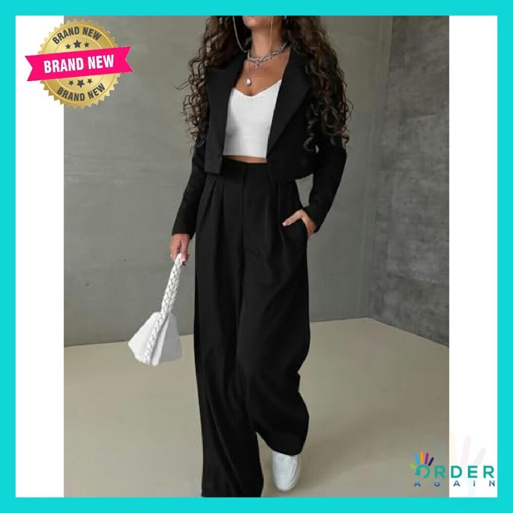 Cropped Blazer Wide Leg Pants Suit Set Business Casual Elegant Work Office - Picture 4 of 6